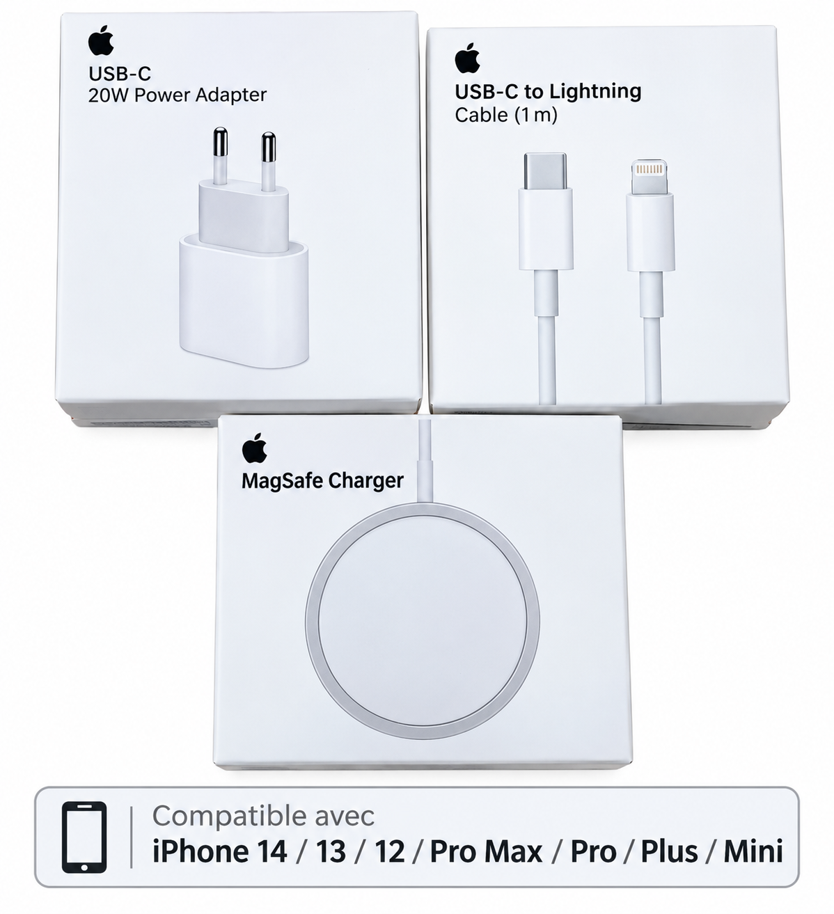 Kit de Carga Rápida Apple: Adaptador 20W, Cable USB-C y MagSafe para iPhone 14/13/12/ Pro Max/Pro/Plus/Mini