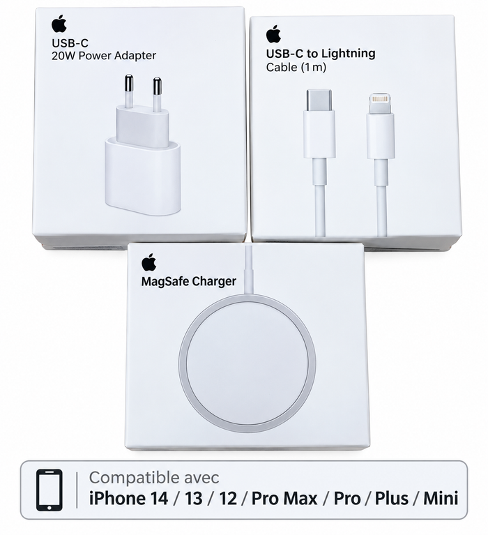 Kit de Carga Rápida Apple: Adaptador 20W, Cable USB-C y MagSafe para iPhone 14/13/12/ Pro Max/Pro/Plus/Mini