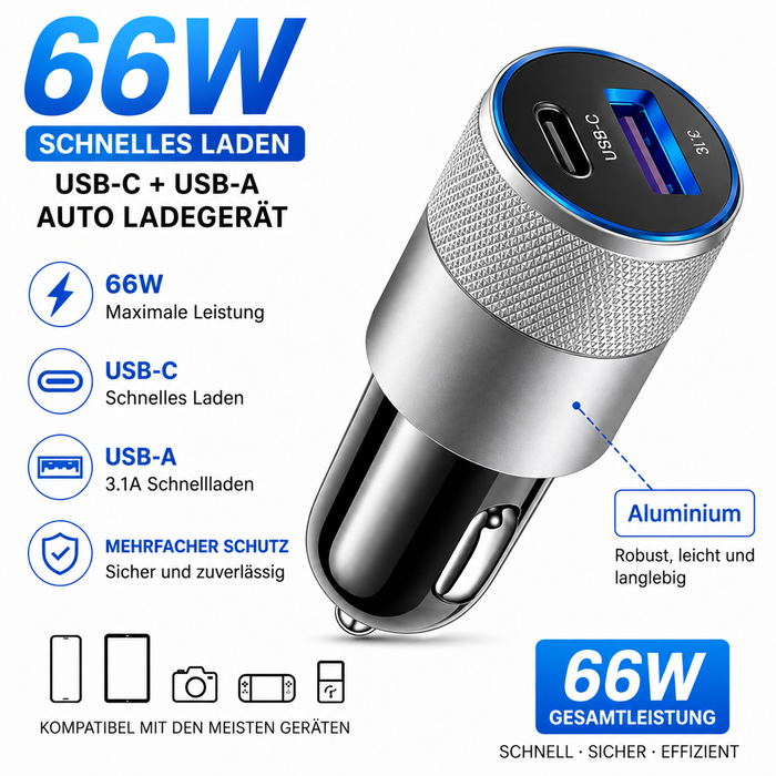 Cargador Coche 66W USB-C + USB-A