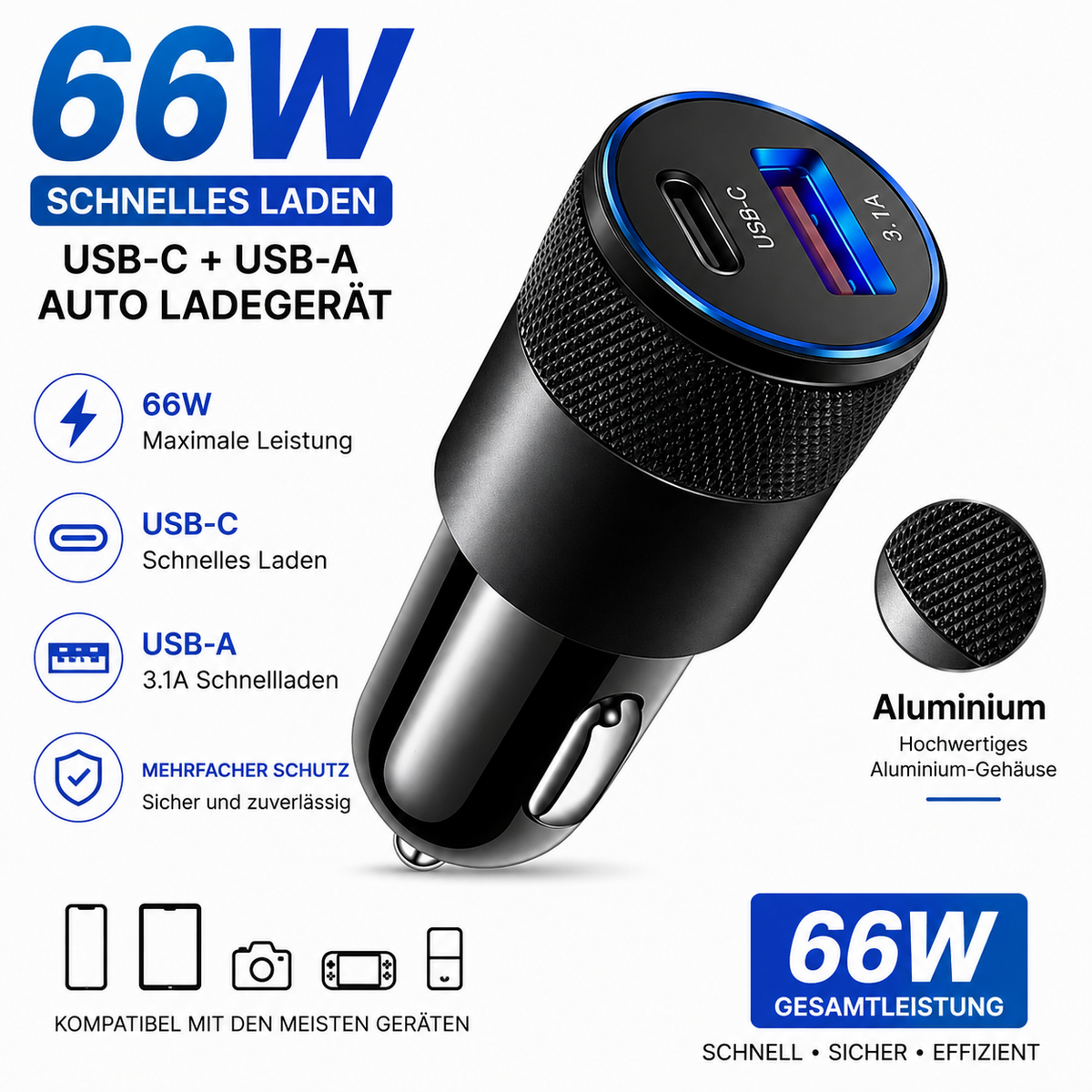 Cargador Coche 66W USB-C + USB-A