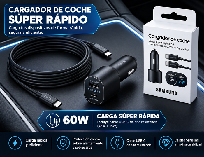 Cargador de Coche Samsung 60W Dual + Cable USB-C 45W