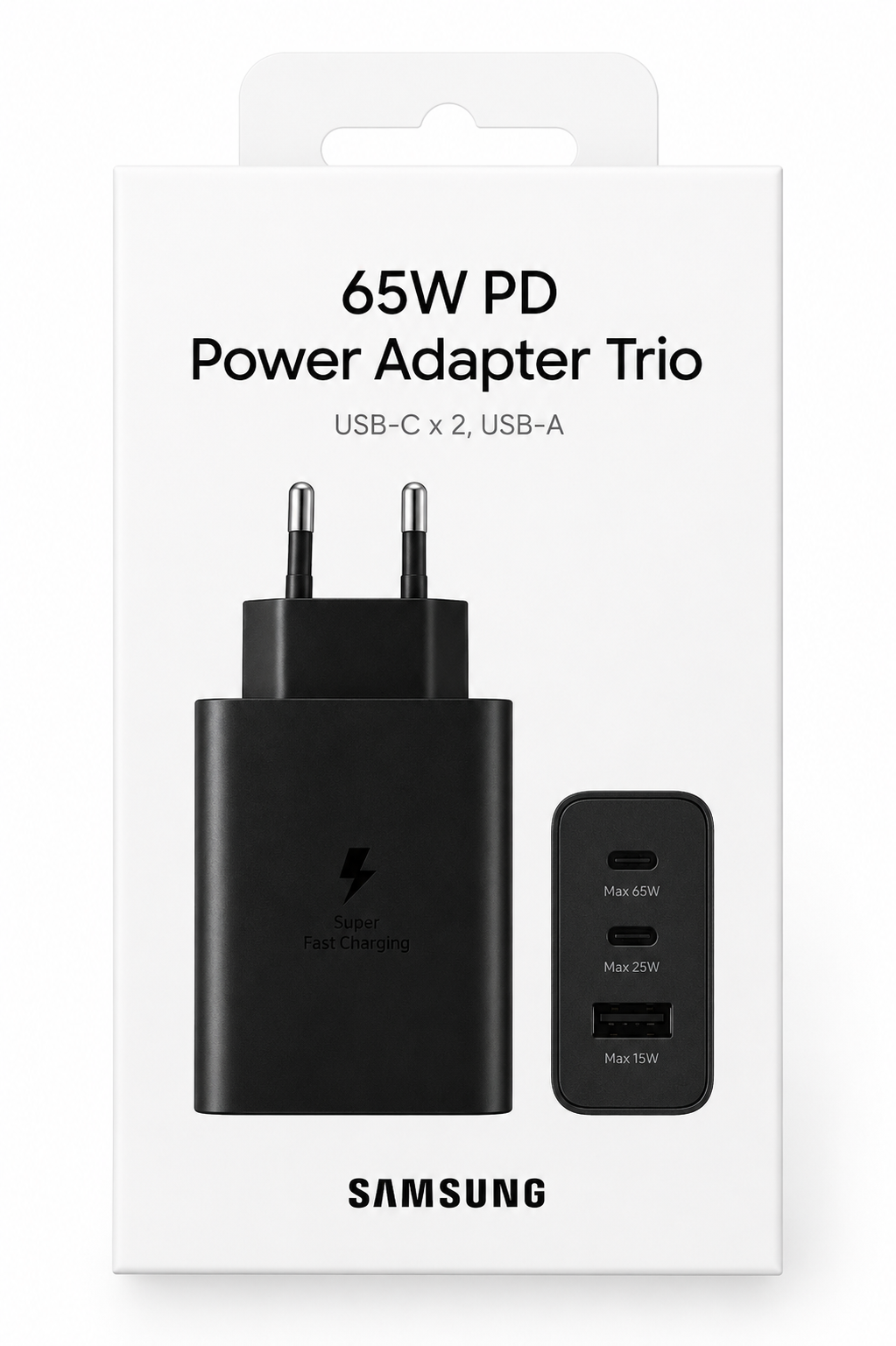 Cargador Samsung Trío 65W PD Original con 2 Puertos USB-C y 1 USB-A