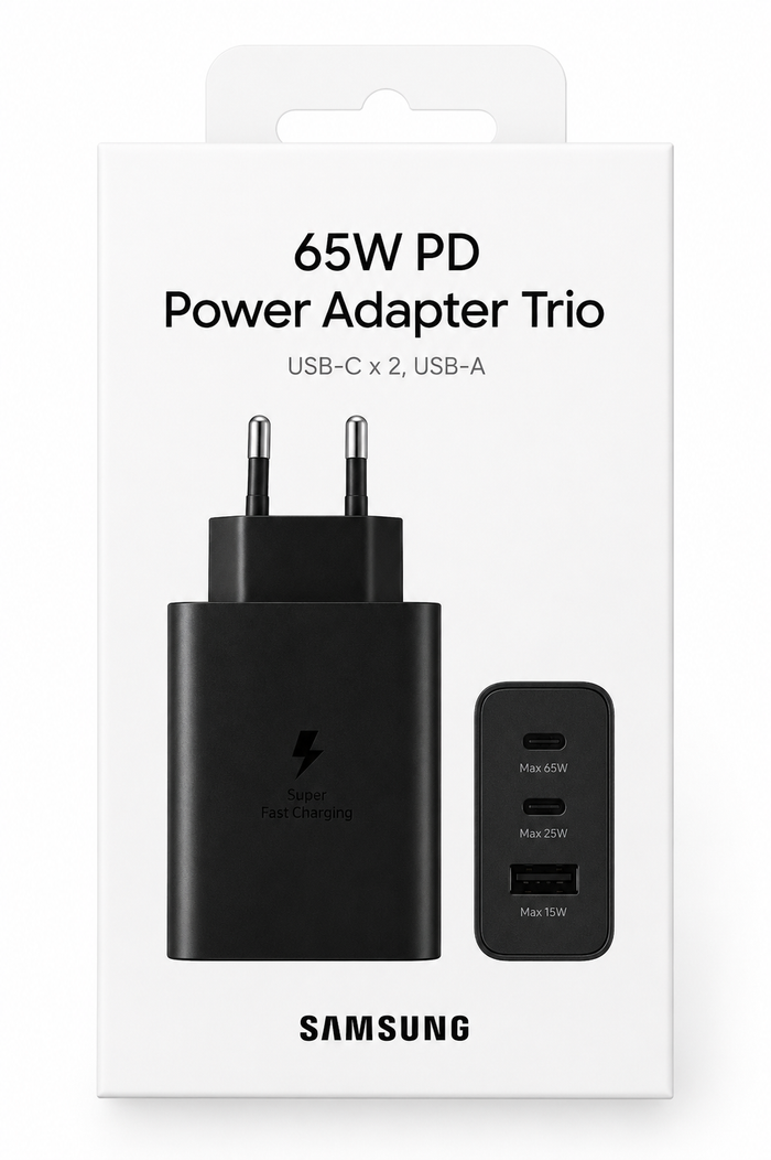 Cargador Samsung Trío 65W PD Original con 2 Puertos USB-C y 1 USB-A